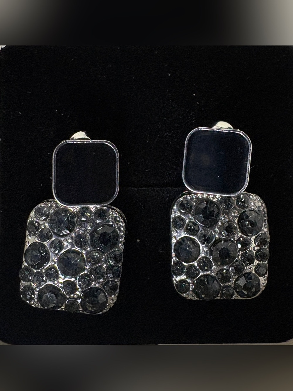 Fashion Vintage Black and Silver Crystal Square Drop Stud Earrings - Picture 3 of 3